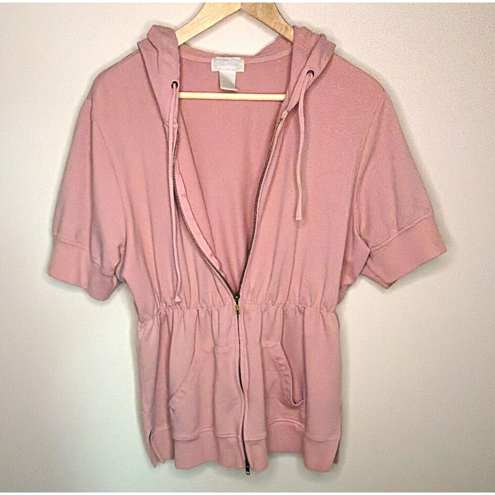 Maurices Women's Pink Full Zip Short Sleeve Hooded Hoodie Pockets Size 1